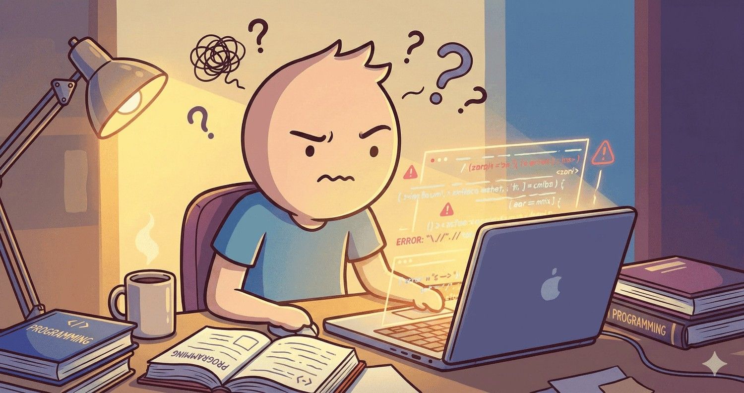 Ilustrasi seseorang sedang belajar coding di depan komputer dengan visualisasi baris kode dan elemen digital di sekitarnya