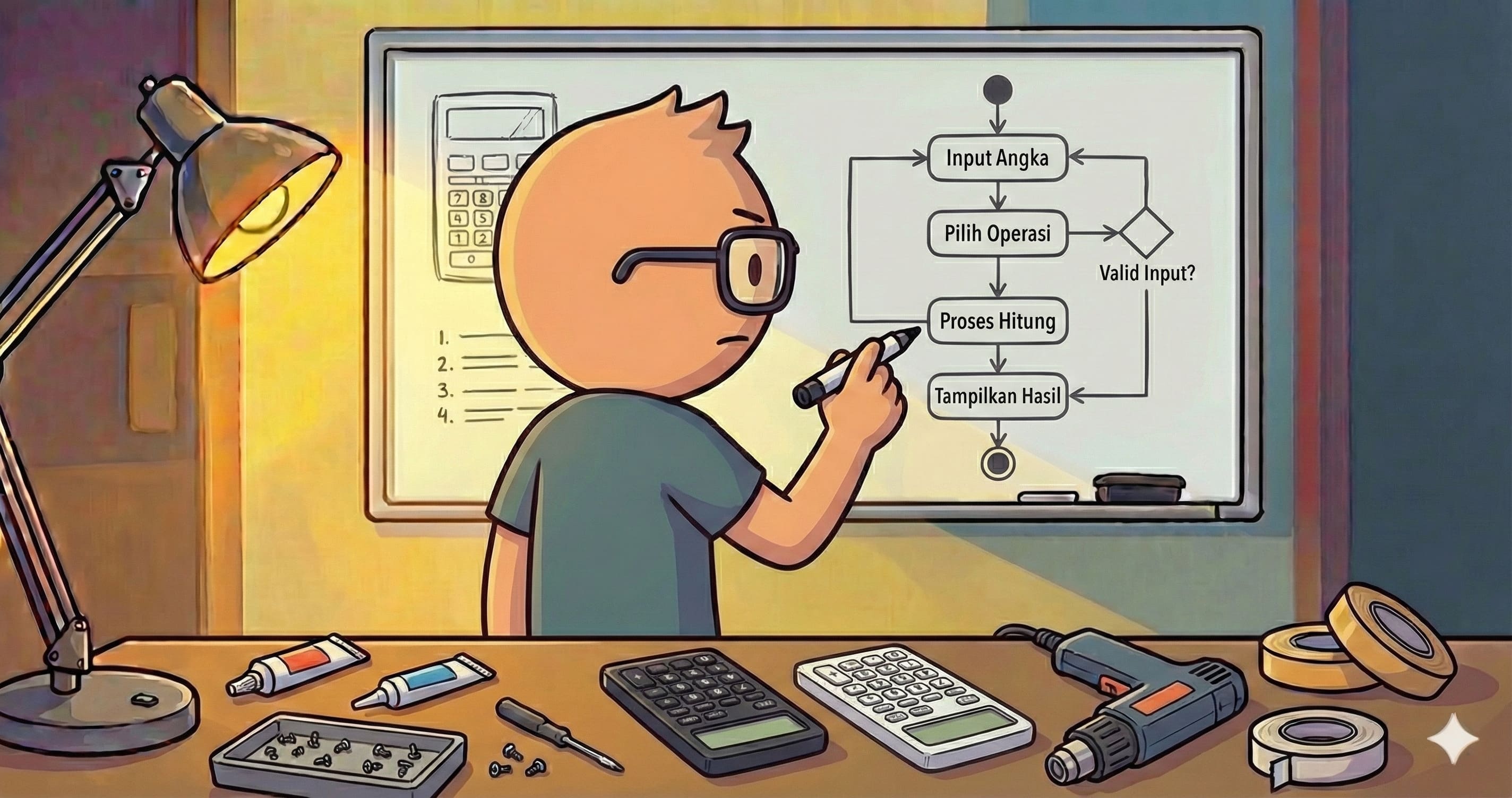 Ilustrasi seseorang sedang memahami alur kerja aplikasi kalkulator di papan tulis.