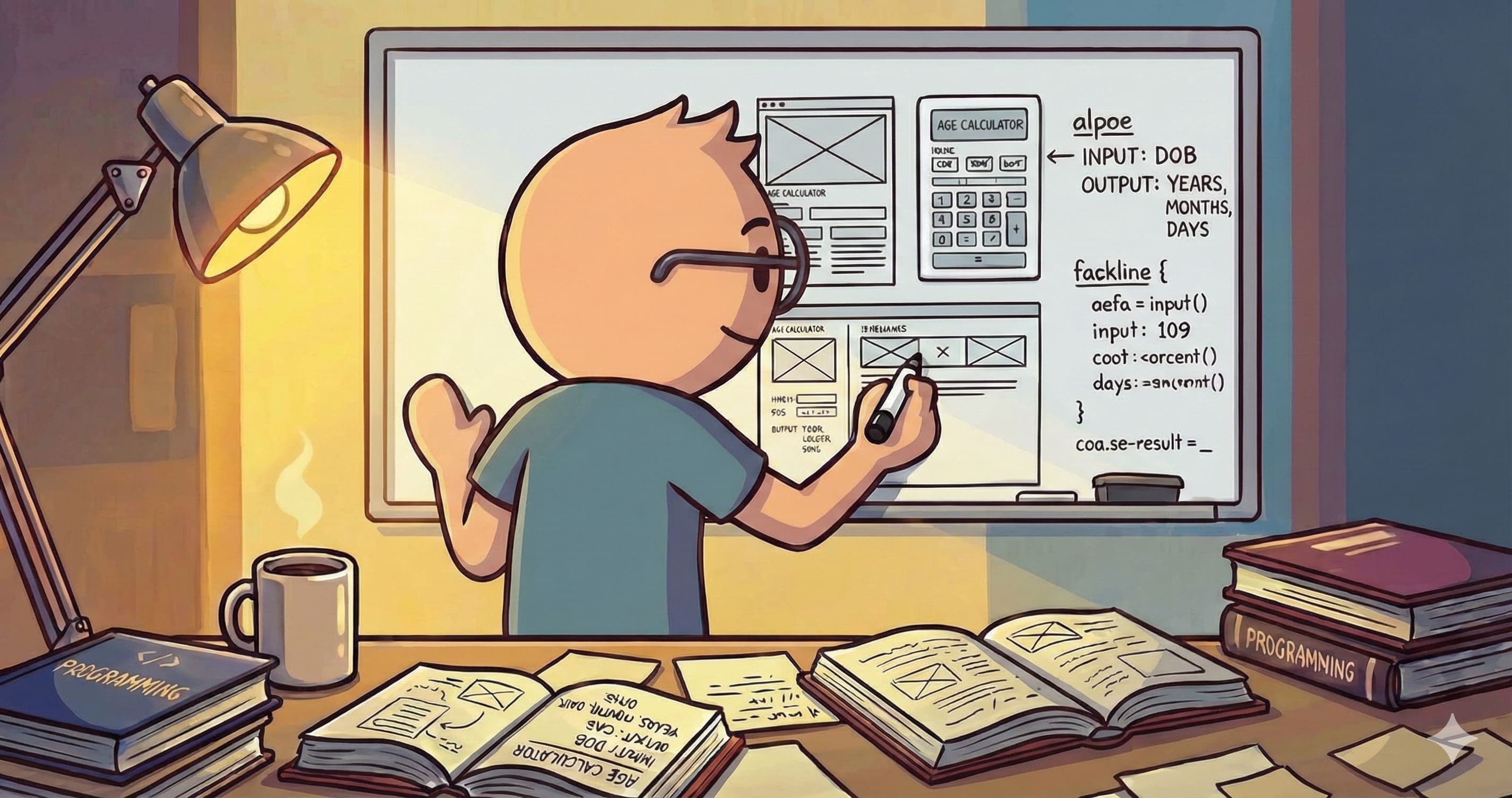 Ilustrasi seorang sedang merancang aplikasi kalkulator umur di papan tulis dengan berbagai catatan dan diagram di sekitarnya.