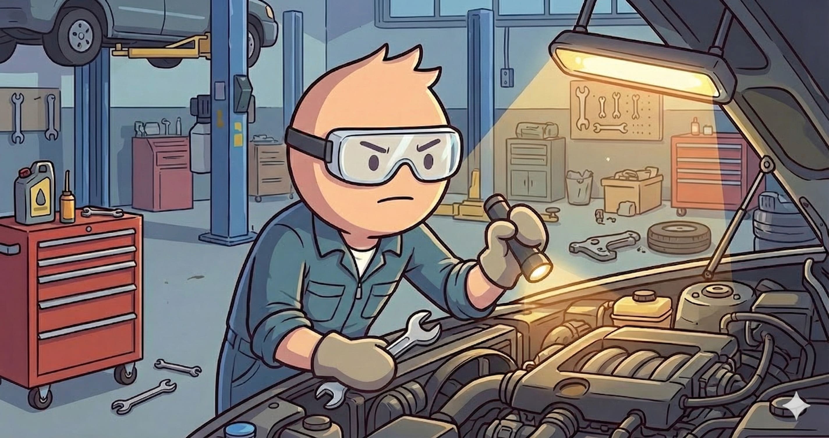 Ilustrasi seorang mekanik yang sedang memperbaiki masalah pada mesin mobil di bengkel yang penuh peralatan, mengenakan kacamata pelindung dan sarung tangan.