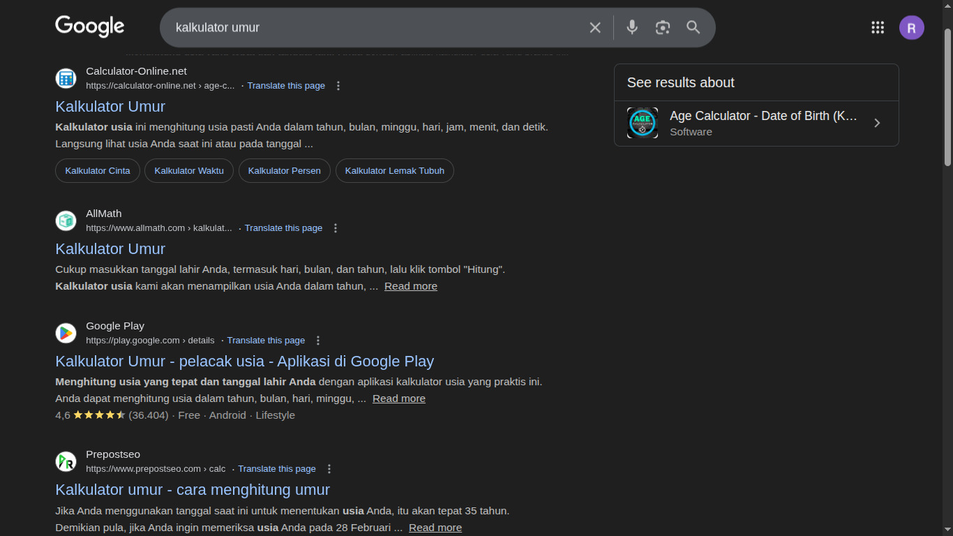 Screenshot hasil pencarian kalkulator umur di Google Search