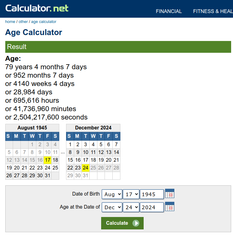 Screenshot aplikasi kalkulator umur berbasis website di calculator.net