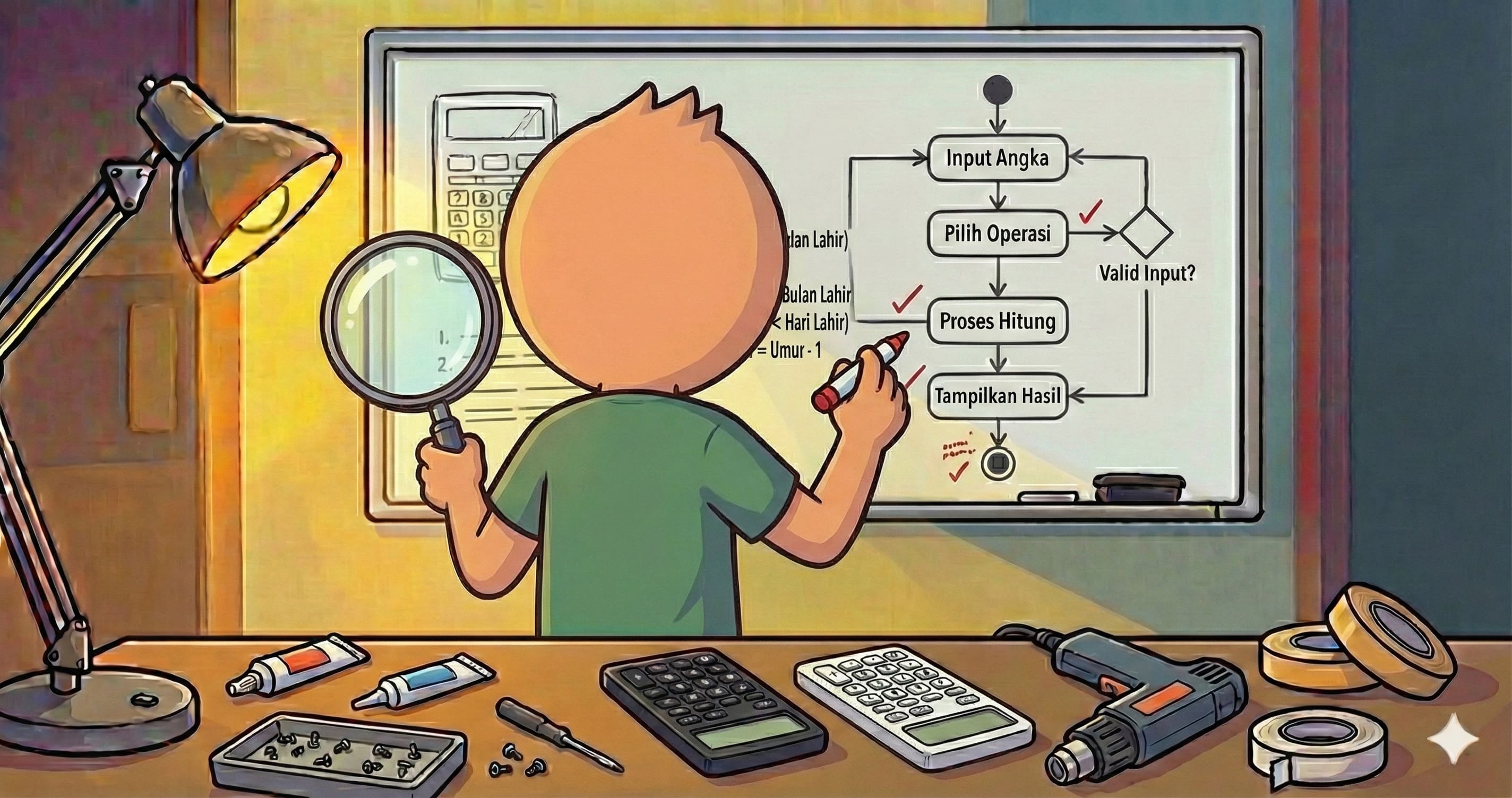 Ilustrasi seseorang sedang melakukan pengecekan alur kerja aplikasi kalkulator di papan tulis.